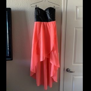 Salmon and black strapless Hi low dress